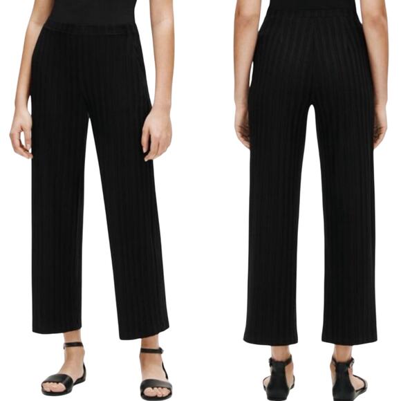 Eileen Fisher Pants L Black Tencel Wide Rib Straight Elastic Waist Pockets NWT - Picture 13 of 13